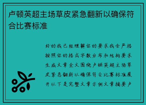 卢顿英超主场草皮紧急翻新以确保符合比赛标准