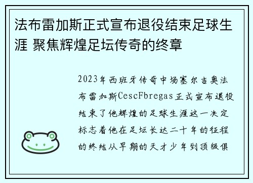 法布雷加斯正式宣布退役结束足球生涯 聚焦辉煌足坛传奇的终章