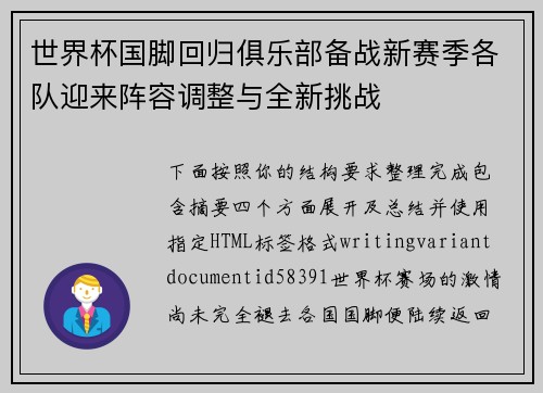 世界杯国脚回归俱乐部备战新赛季各队迎来阵容调整与全新挑战 世界杯国脚回归俱乐部备战新赛季各队迎来阵容调整与全新挑战